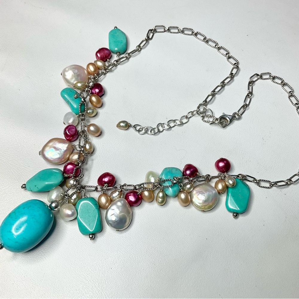 Sterling Silver Multi Turquoise Pearl Drops Fringe Necklace